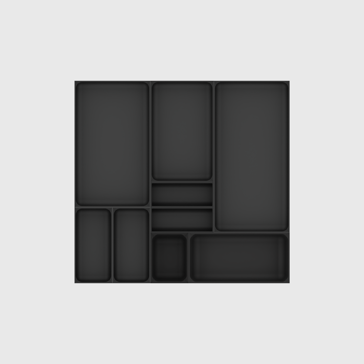 Charcoal Black large kitchen tool drawer organiser set without utensils; 9 modules, nominal footprint 472 × 501.5 mm.