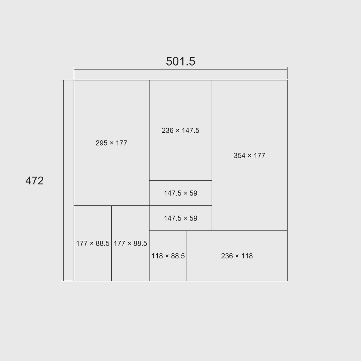 Nominal grid-footprint diagram in millimetres: 472 × 501.5 mm overall, with one total length × width label per whole module. External grid sizes, not usable internal dimensions.