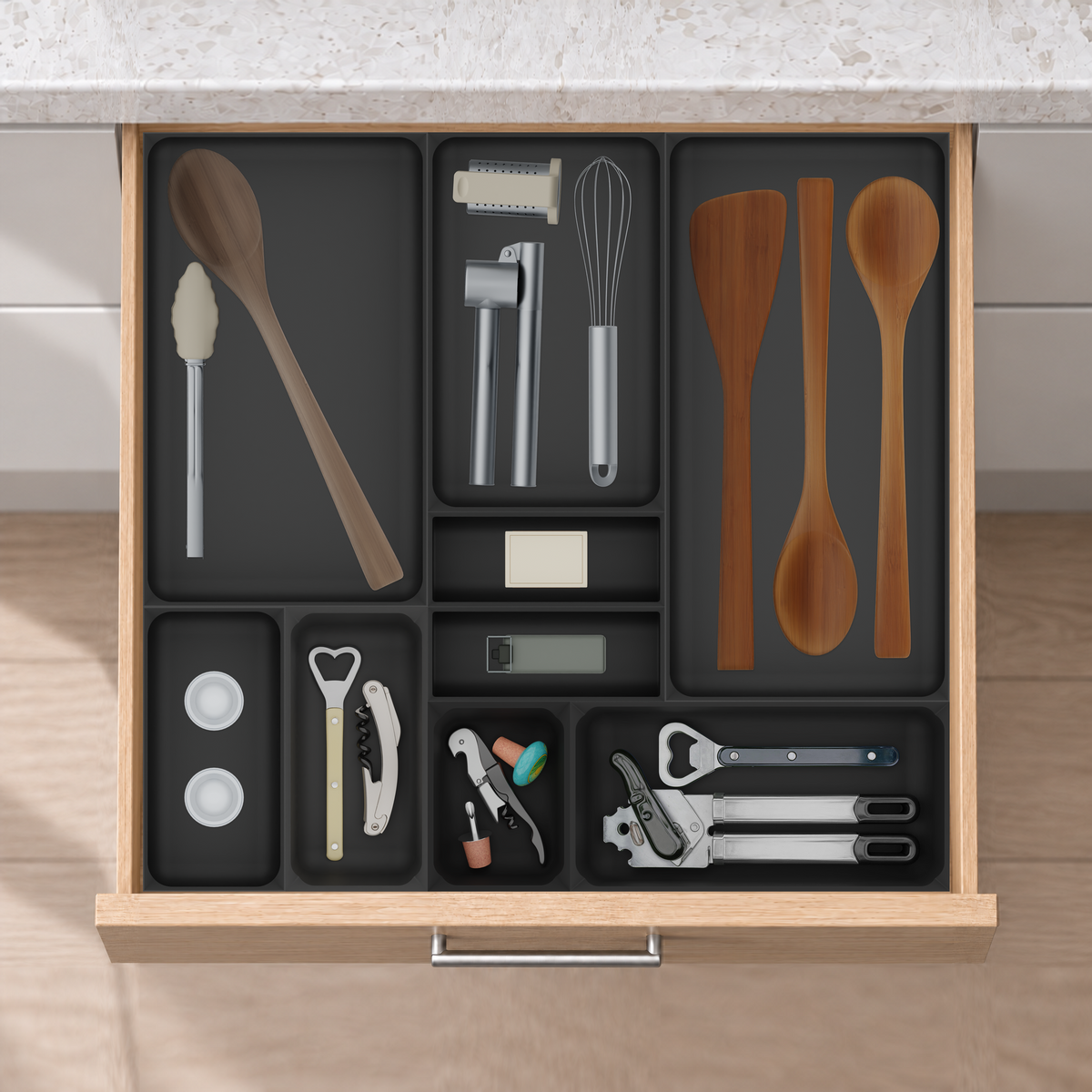 Large Kitchen Tool Drawer Organiser Set in Charcoal Black, fitted in an oak drawer under neutral white light. Nominal layout 472 × 501.5 mm. Accessories shown are not included.