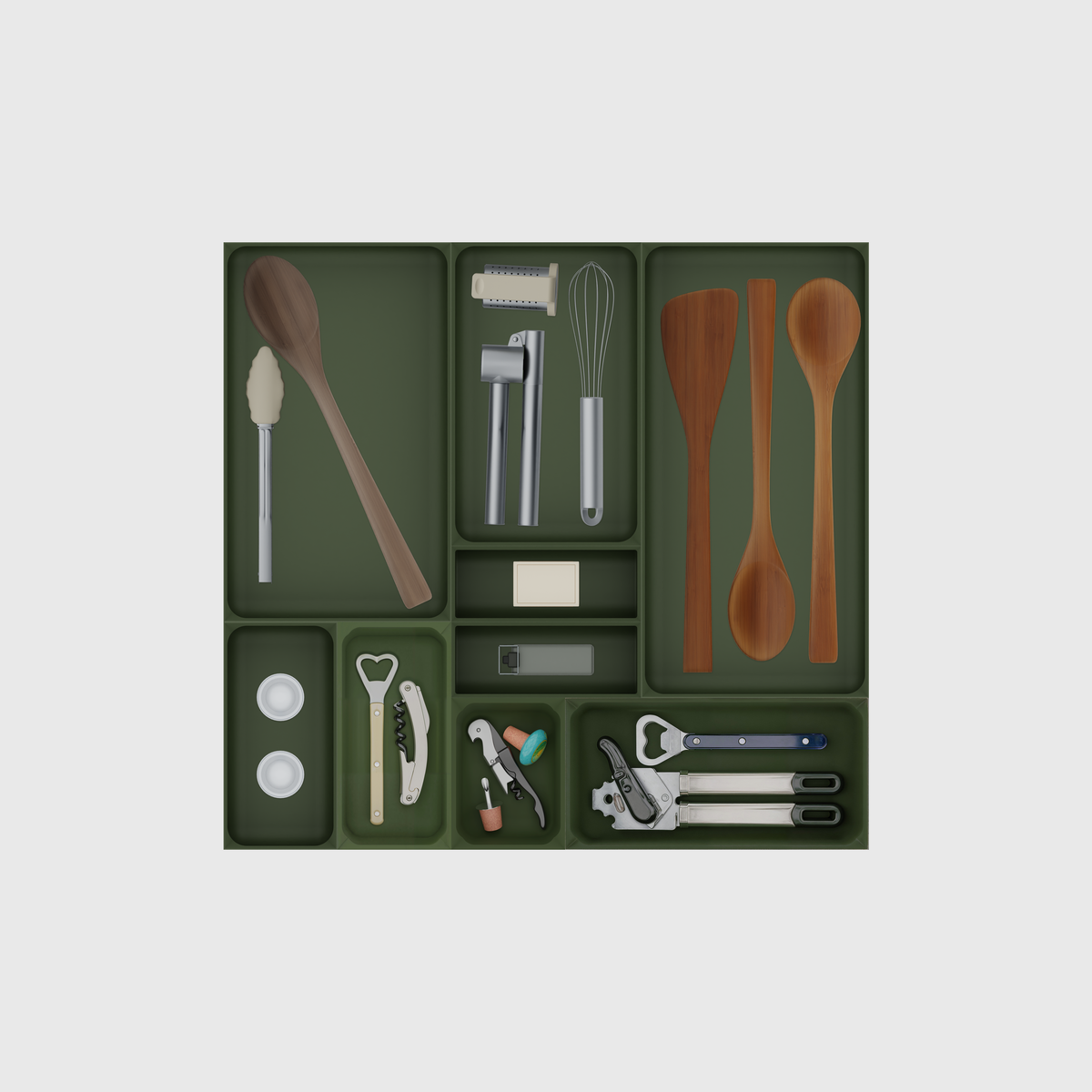 Olive Green large kitchen tool drawer organiser set; 9 modules, nominal footprint 472 × 501.5 mm; utensils are illustrative and not included.