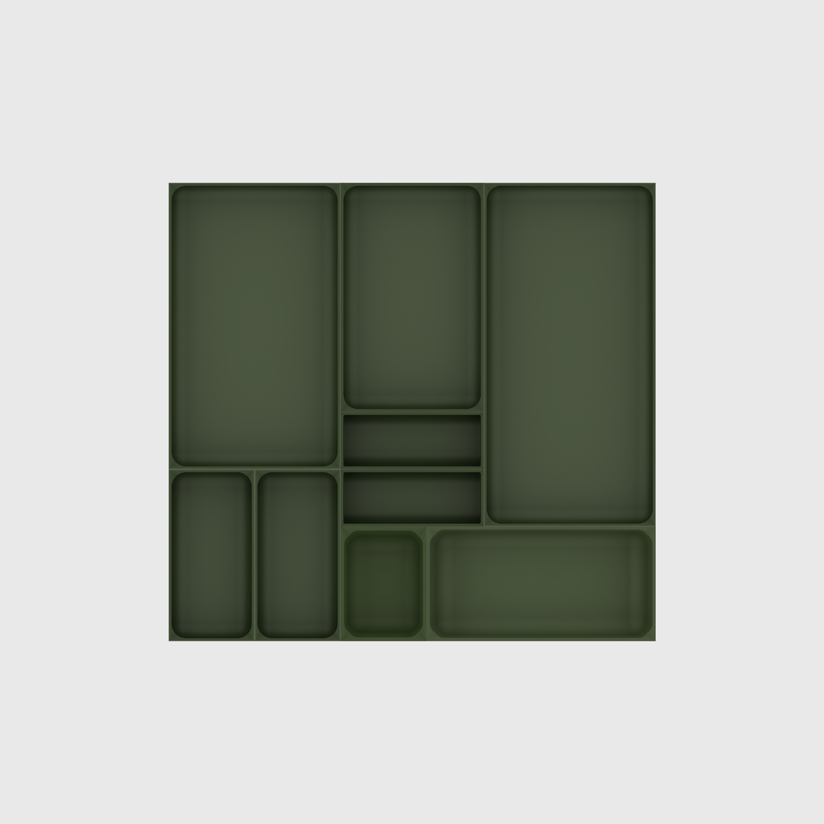 Olive Green large kitchen tool drawer organiser set without utensils; 9 modules, nominal footprint 472 × 501.5 mm.