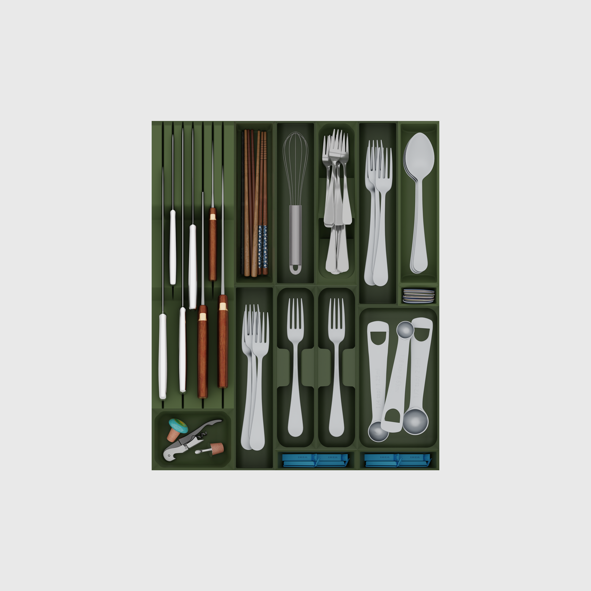 Ultimate Kitchen Essentials Organiser –  501.5x413mm in Olive Green — filled modular layout; utensils shown for illustration