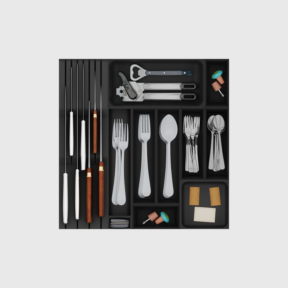 Ultimate Dinner Cutlery & Chef’s Knife Organiser –  413x413mm in Charcoal Black — filled modular layout; utensils shown for illustration