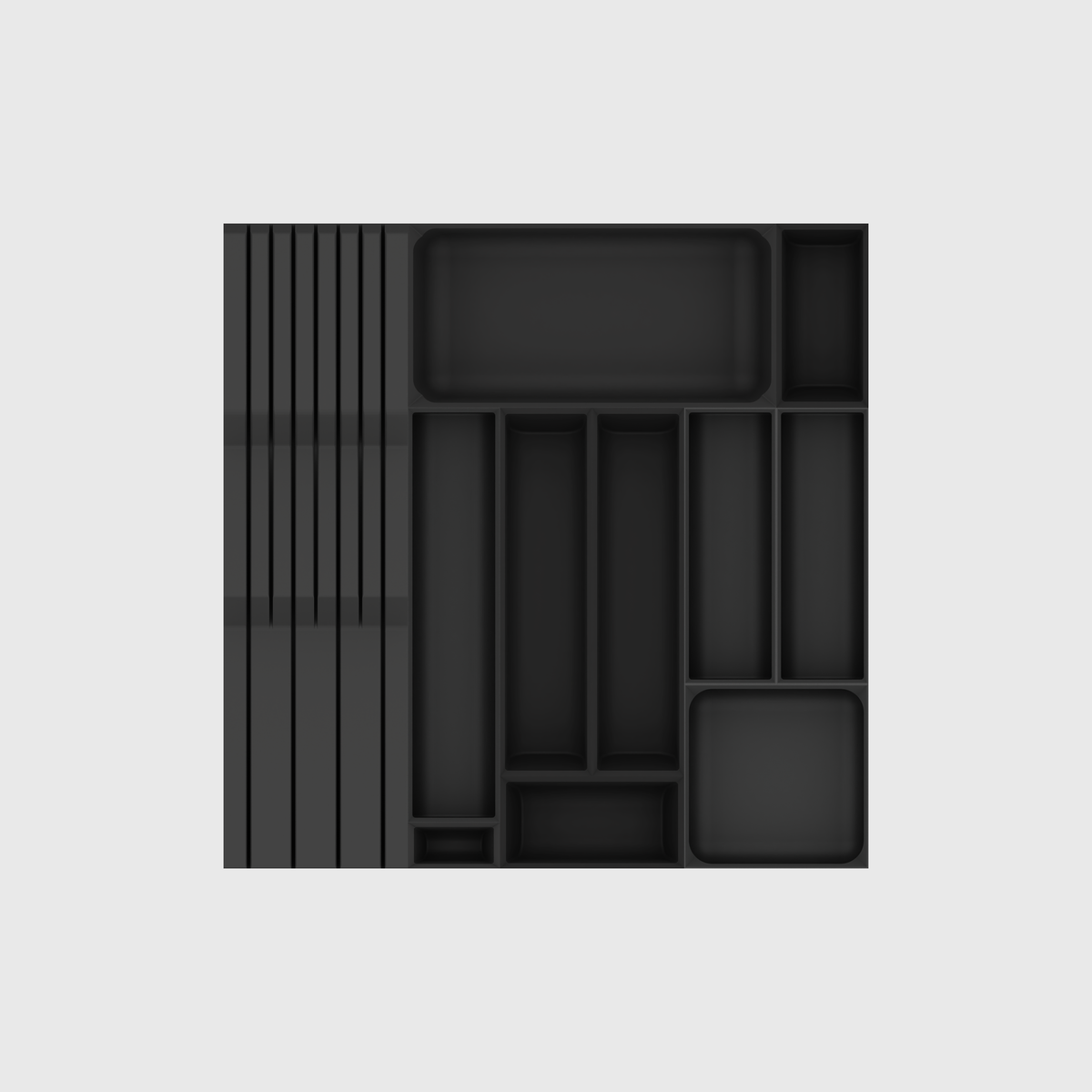 Ultimate Dinner Cutlery & Chef’s Knife Organiser –  413x413mm in Charcoal Black — empty modular layout