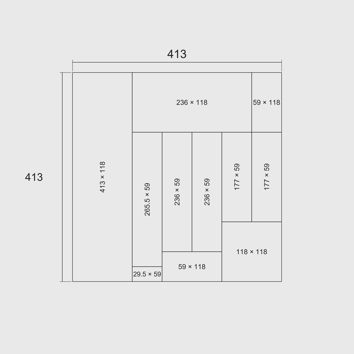 Ultimate Dinner Cutlery & Chef’s Knife Organiser –  413x413mm in Charcoal Black — nominal grid footprint and whole-module dimensions in mm; 29.5 mm per grid cell
