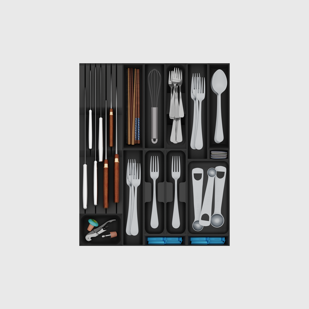 Ultimate Kitchen Essentials Organiser –  501.5x413mm in Charcoal Black — filled modular layout; utensils shown for illustration