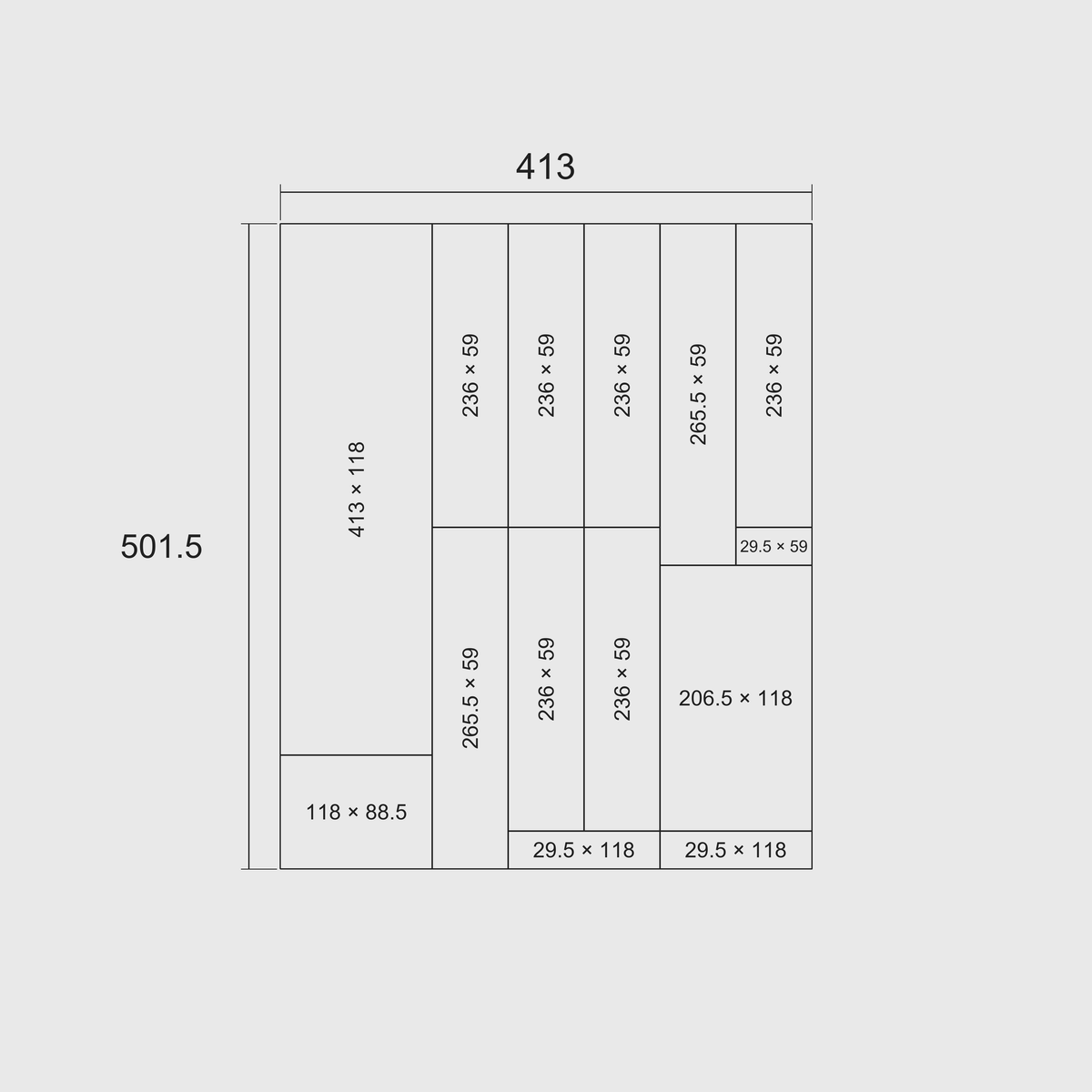 Ultimate Kitchen Essentials Organiser –  501.5x413mm in Charcoal Black — nominal grid footprint and whole-module dimensions in mm; 29.5 mm per grid cell