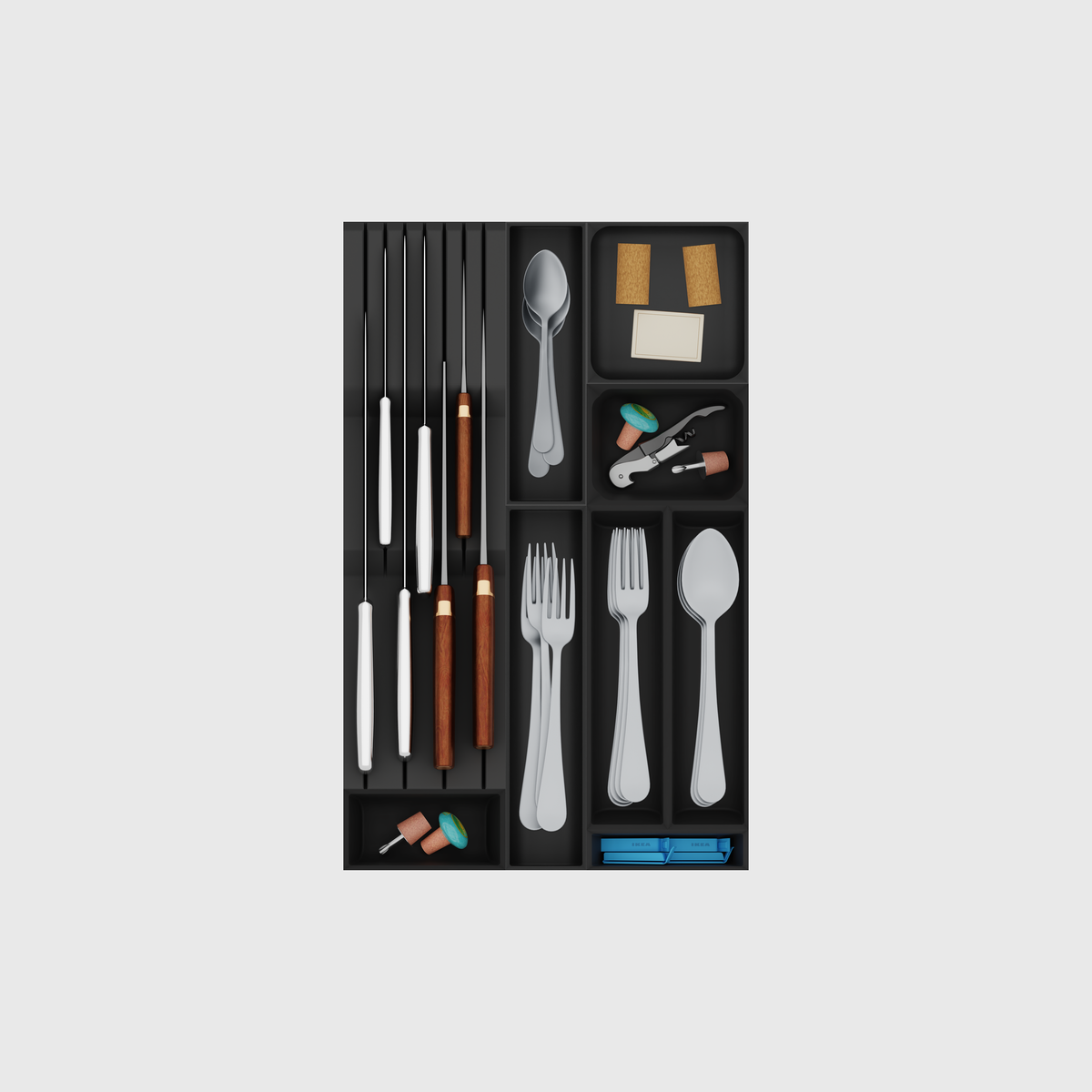 Slim Modular Cutlery & Knife Organiser – 472x295mm in Charcoal Black — filled modular layout; utensils shown for illustration