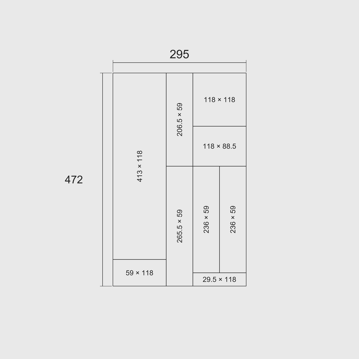 Slim Modular Cutlery & Knife Organiser – 472x295mm in Charcoal Black — nominal grid footprint and whole-module dimensions in mm; 29.5 mm per grid cell