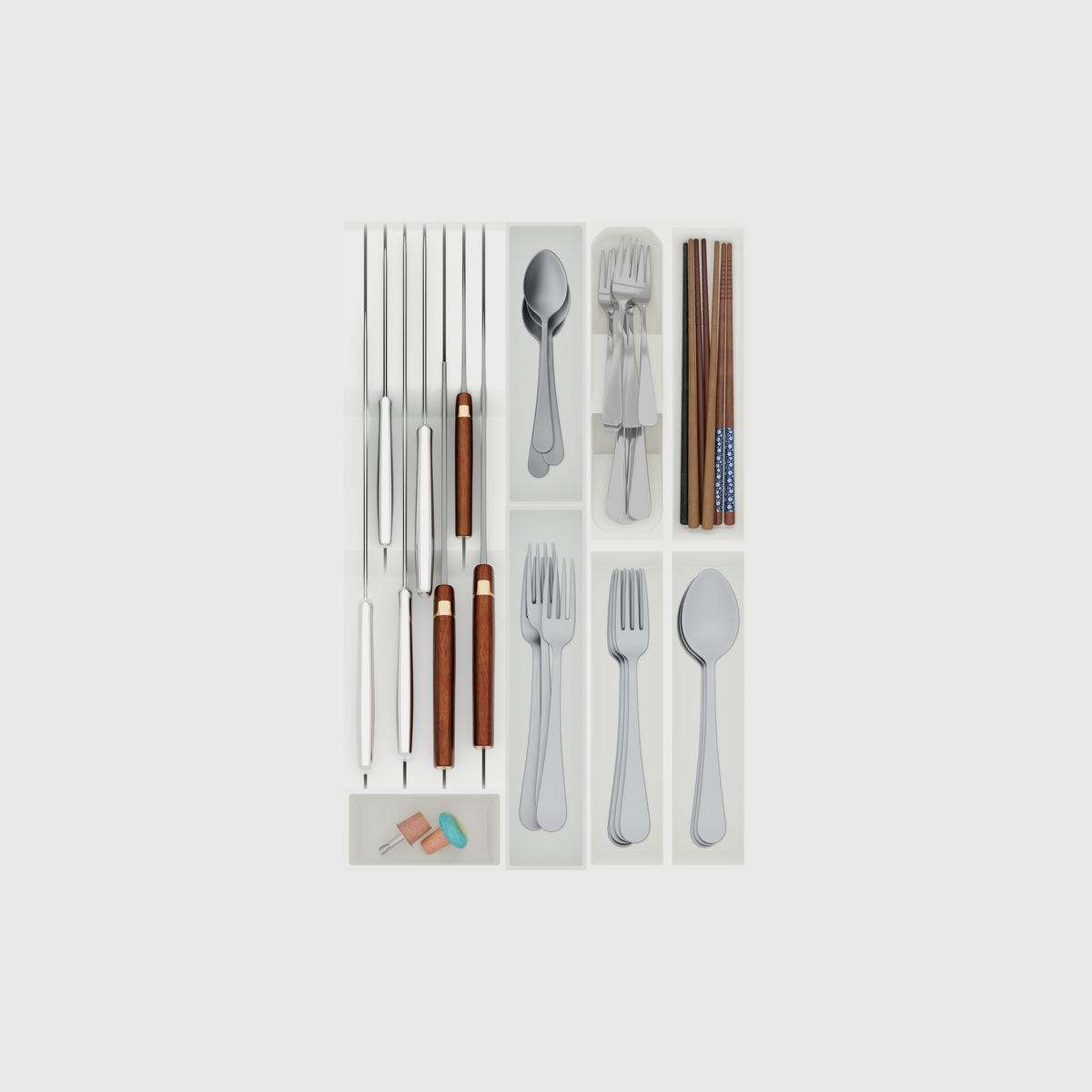 Slim Cutlery & Chef’s Knives Organiser –  472x295mm in Cotton White — filled modular layout; utensils shown for illustration