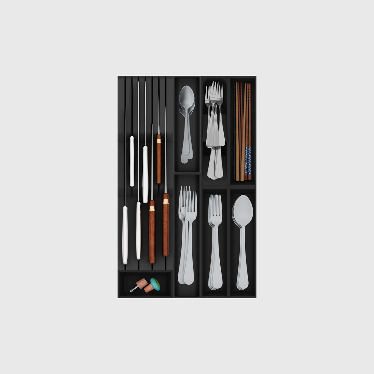 Slim Cutlery & Chef’s Knives Organiser –  472x295mm in Charcoal Black — filled modular layout; utensils shown for illustration