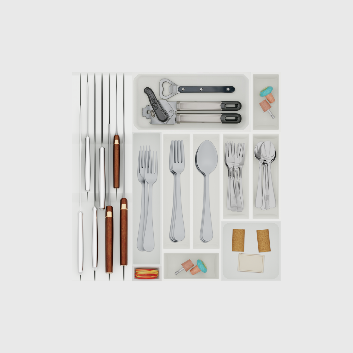 Ultimate Dinner Cutlery & Chef’s Knife Organiser –  413x413mm in Cotton White — filled modular layout; utensils shown for illustration