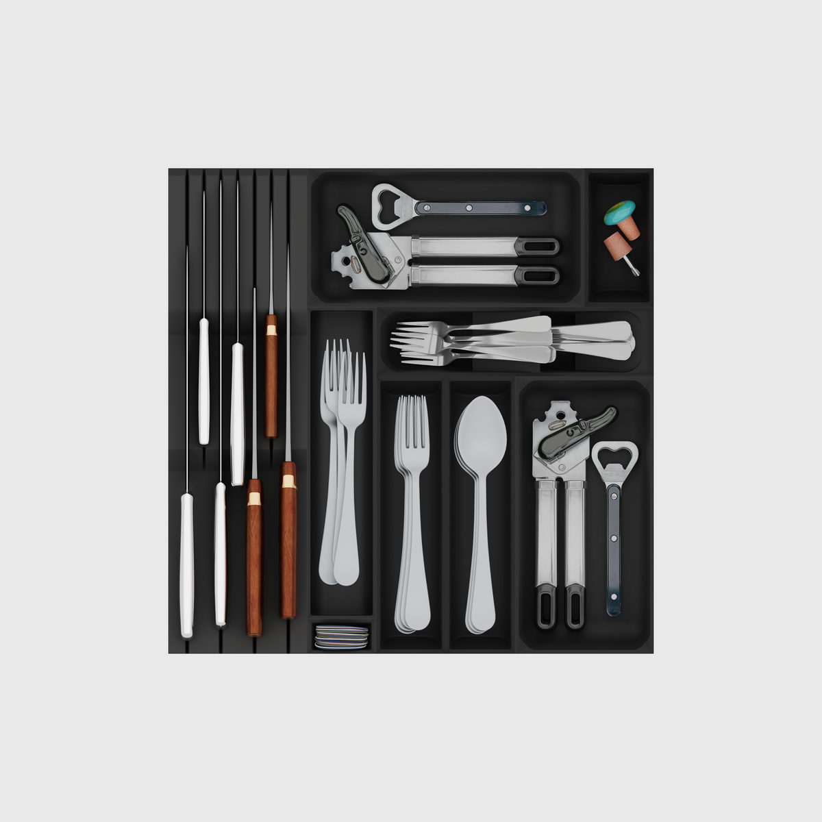 Primary Cutlery Drawer with Medium Kitchen Tool Storage in Charcoal Black — filled modular layout; utensils shown for illustration
