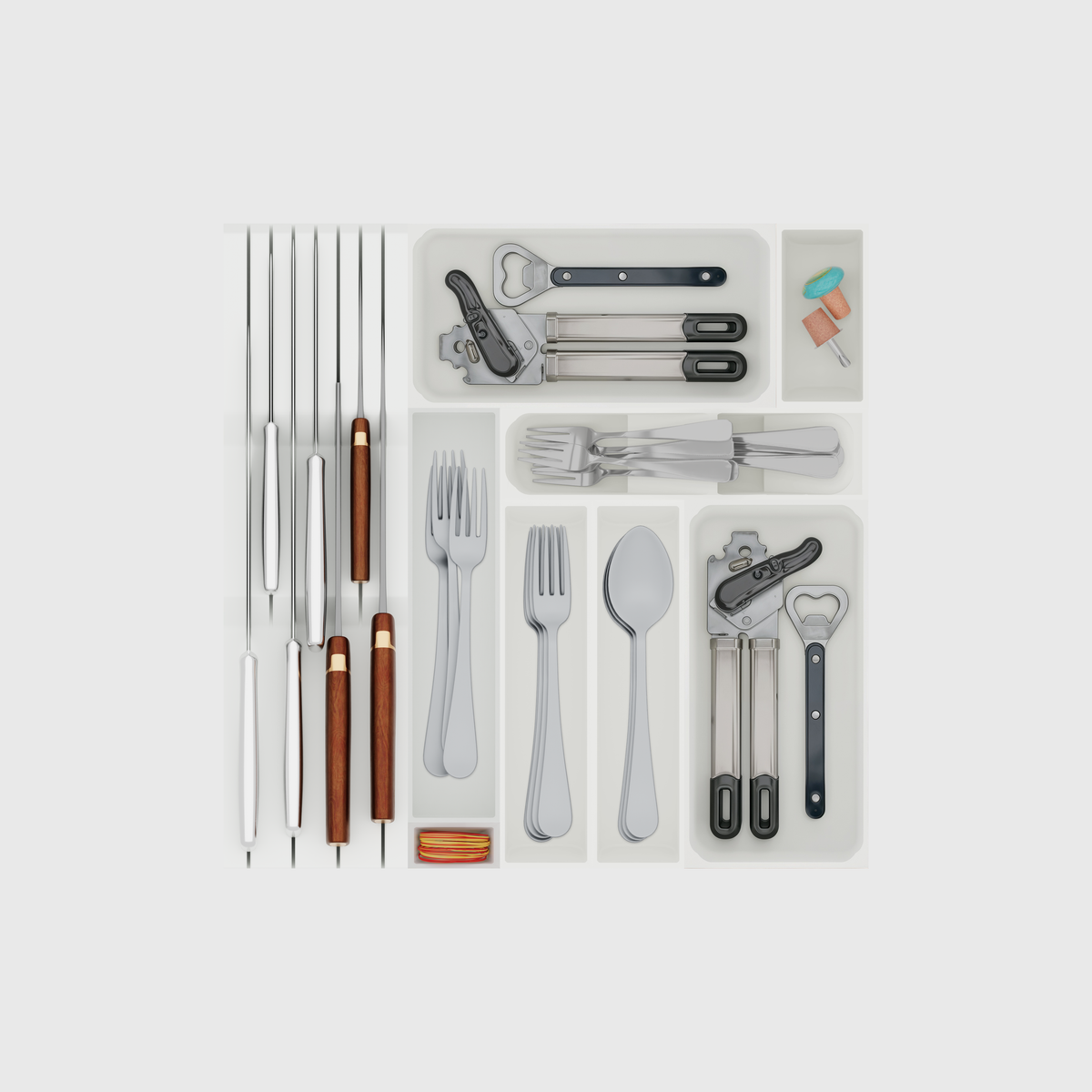 Primary Cutlery Drawer with Medium Kitchen Tool Storage in Cotton White — filled modular layout; utensils shown for illustration
