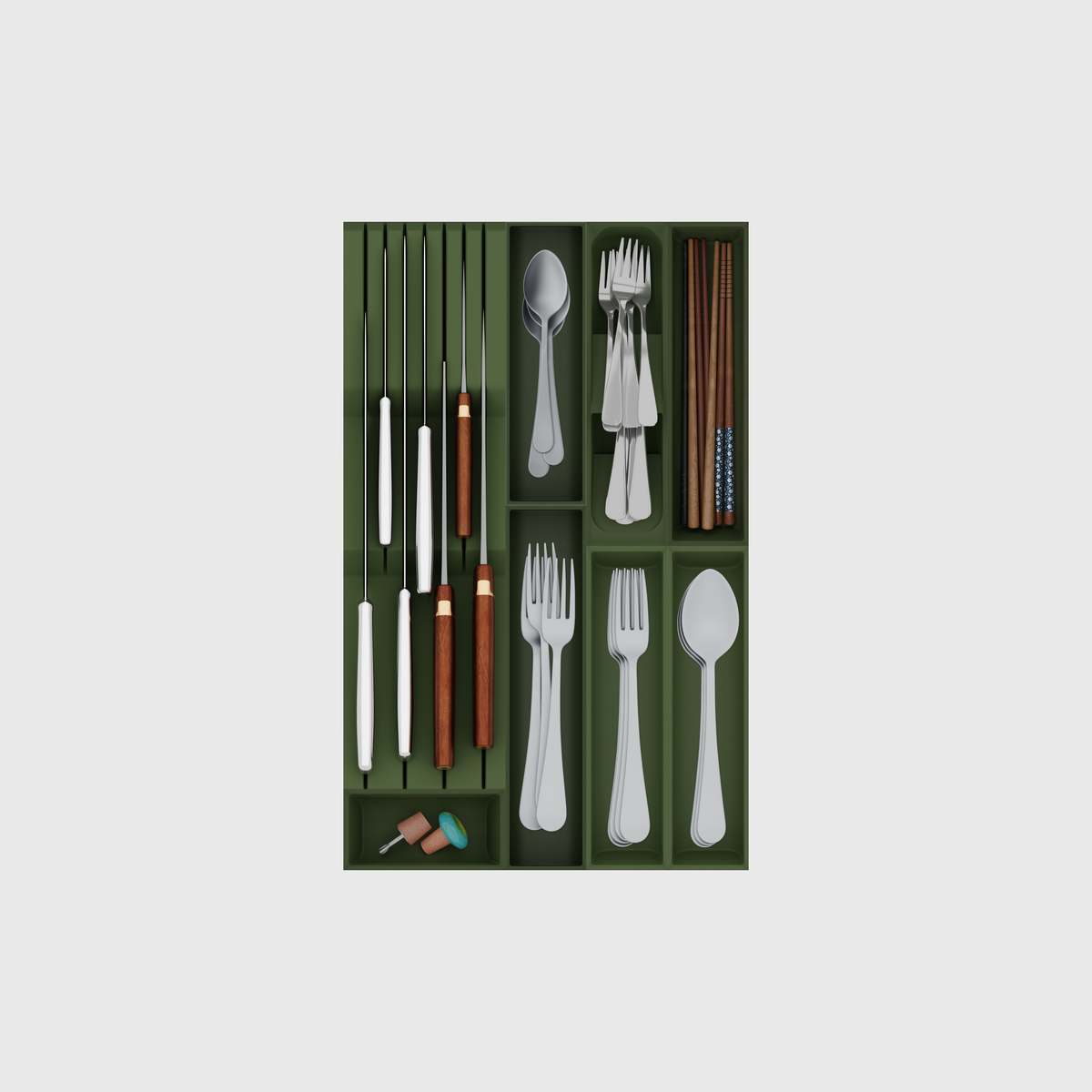 Slim Cutlery & Chef’s Knives Organiser –  472x295mm in Olive Green — filled modular layout; utensils shown for illustration