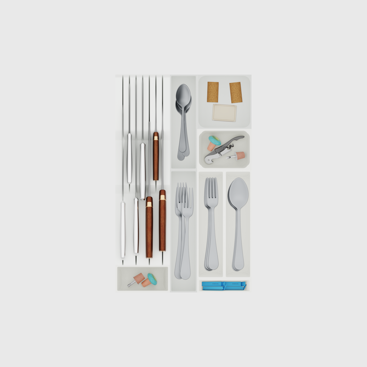 Slim Modular Cutlery & Knife Organiser – 472x295mm in Cotton White — filled modular layout; utensils shown for illustration