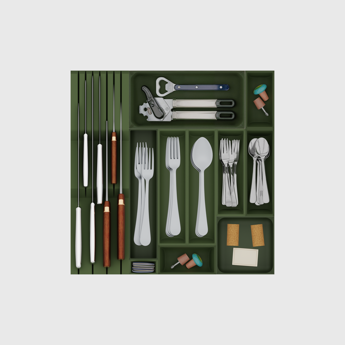Ultimate Dinner Cutlery & Chef’s Knife Organiser –  413x413mm in Olive Green — filled modular layout; utensils shown for illustration