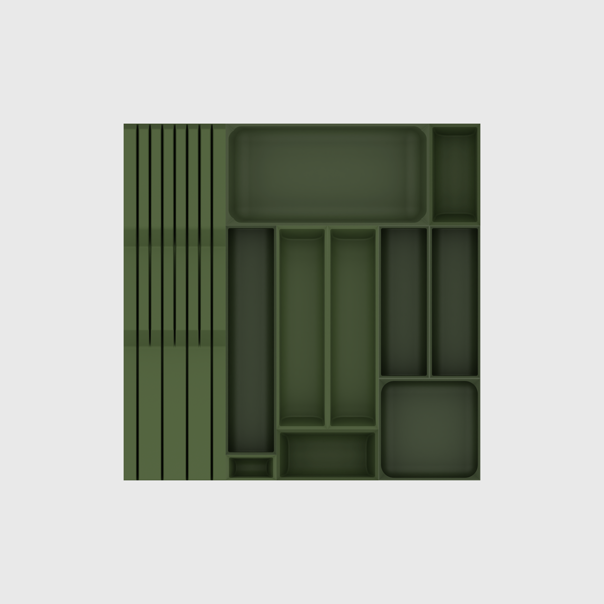 Ultimate Dinner Cutlery & Chef’s Knife Organiser –  413x413mm in Olive Green — empty modular layout