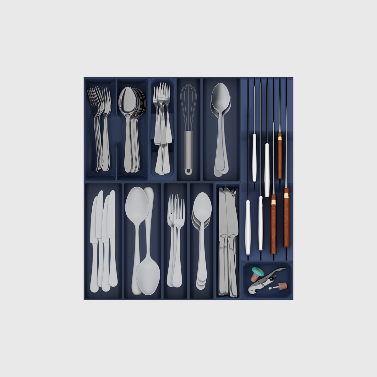 Army Blue filled cutlery and chef knives drawer organiser; props illustrative