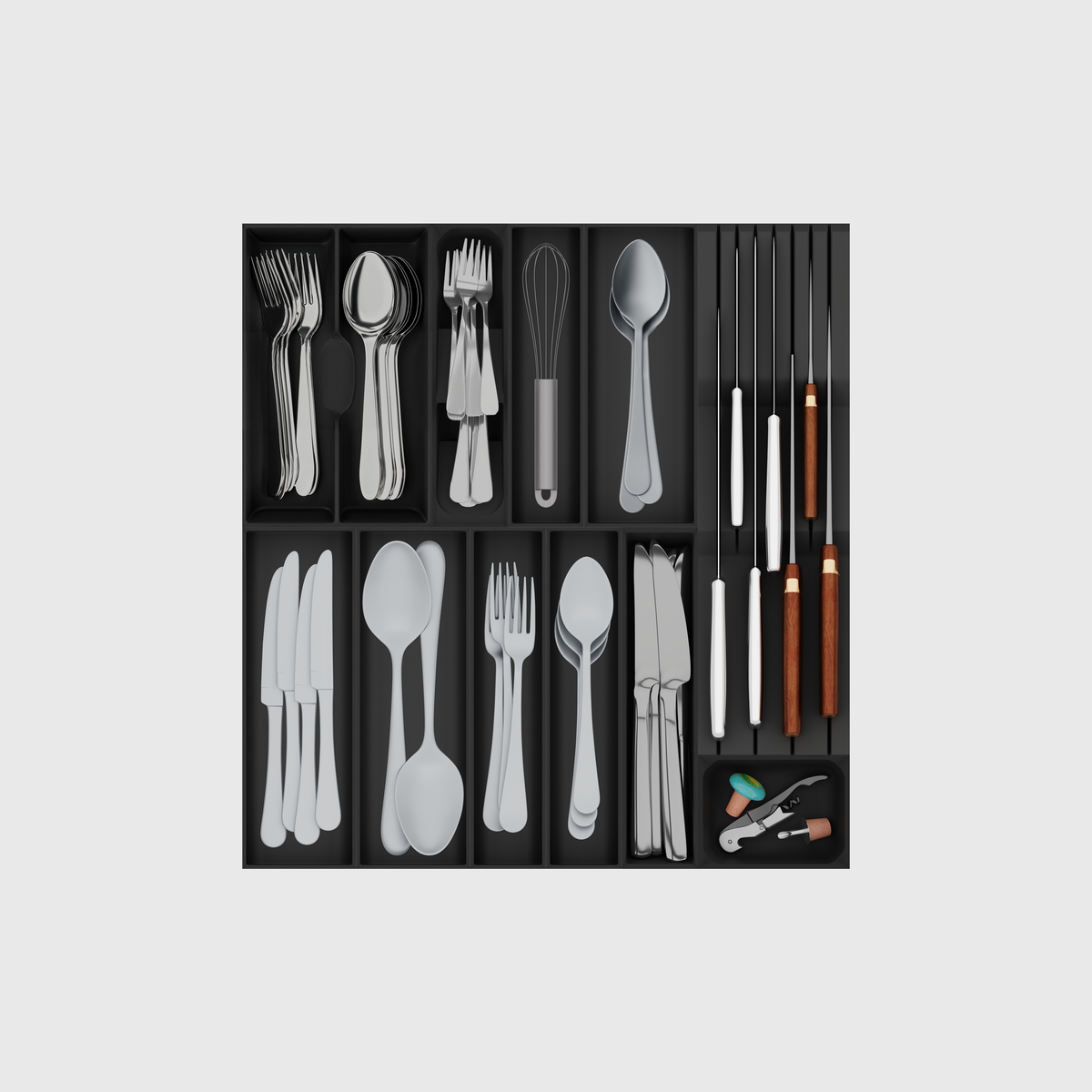 Charcoal Black filled cutlery and chef knives drawer organiser; props illustrative
