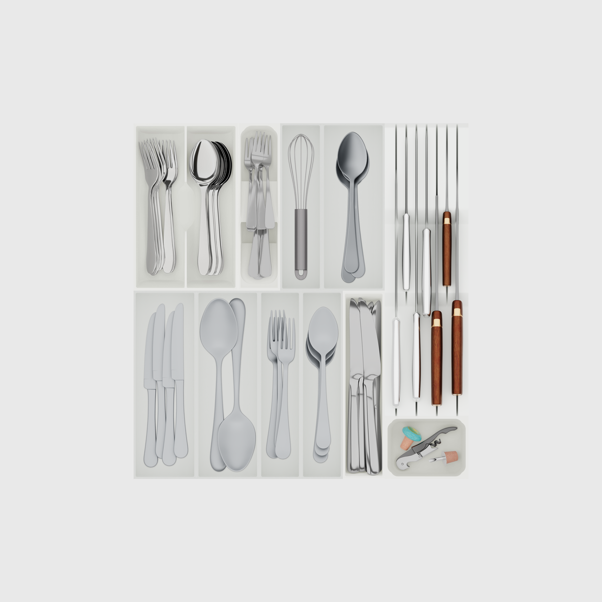 Cotton White filled cutlery and chef knives drawer organiser; props illustrative