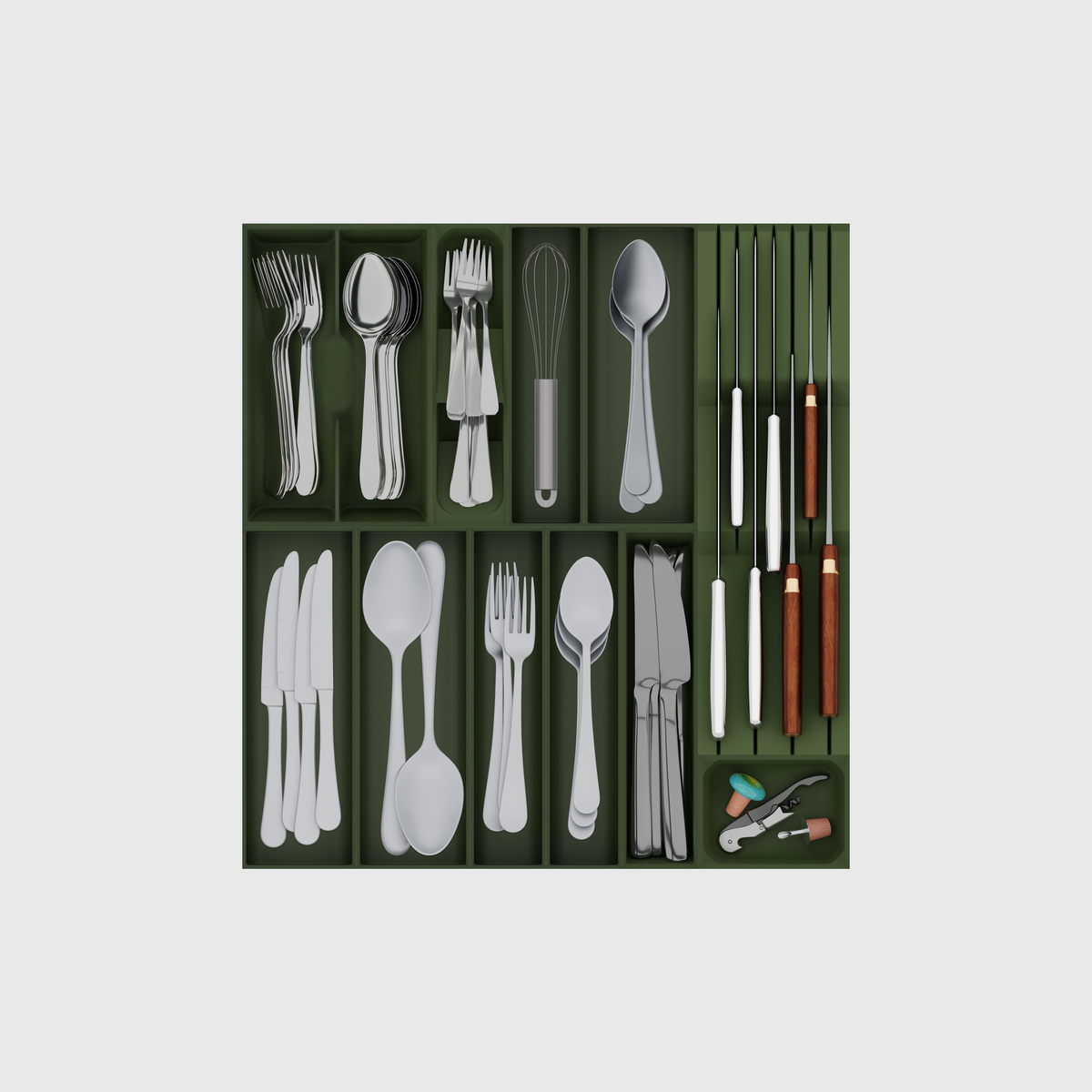 Olive Green filled cutlery and chef knives drawer organiser; props illustrative