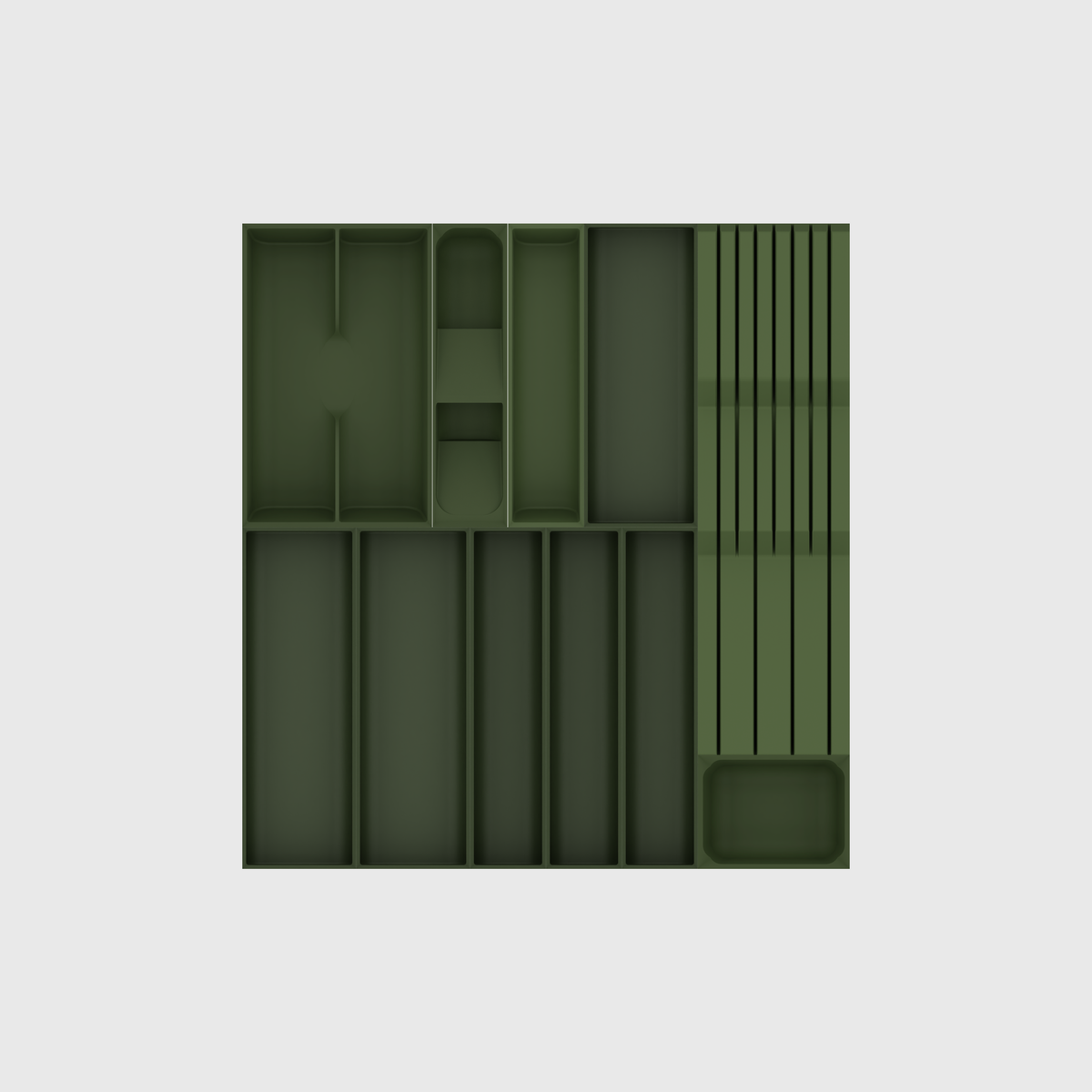 Empty Olive Green eleven-module drawer organiser