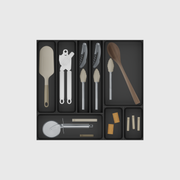 Maximiser Kitchen Tool Drawer Organiser Set – 442.5 × 472 mm — Charcoal Black filled illustrative layout