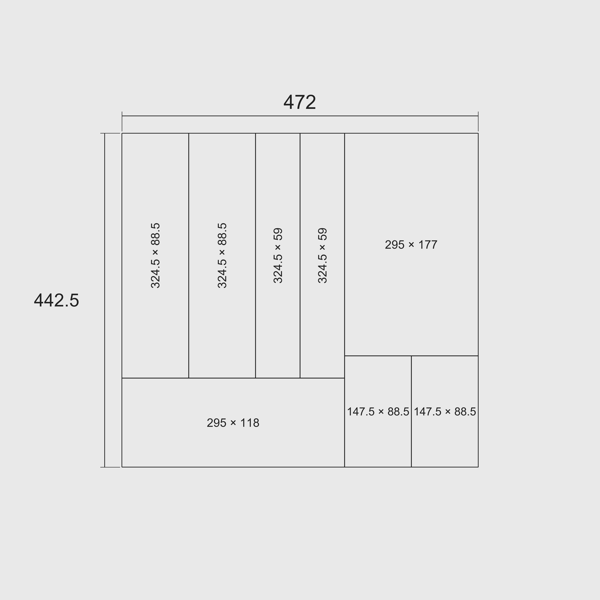 Maximiser Kitchen Tool Drawer Organiser Set – 442.5 × 472 mm — nominal whole-module grid dimensions in millimetres on a 29.5 mm grid