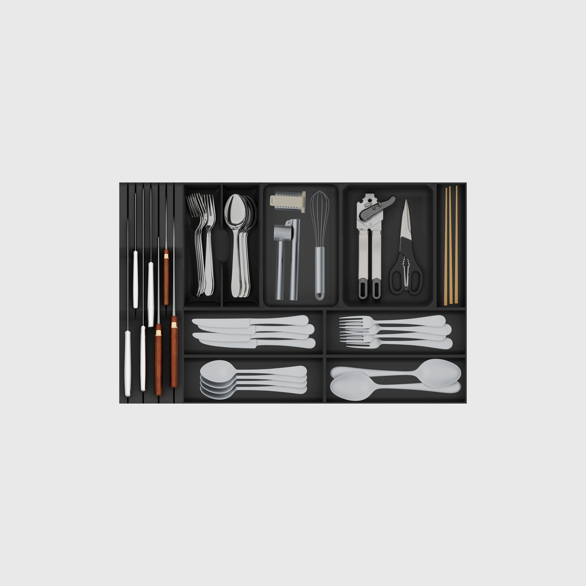 Charcoal Black nine-module cutlery, chef-knife and kitchen-tool drawer organiser set on a nominal 649 × 413 mm grid; utensils illustrative.