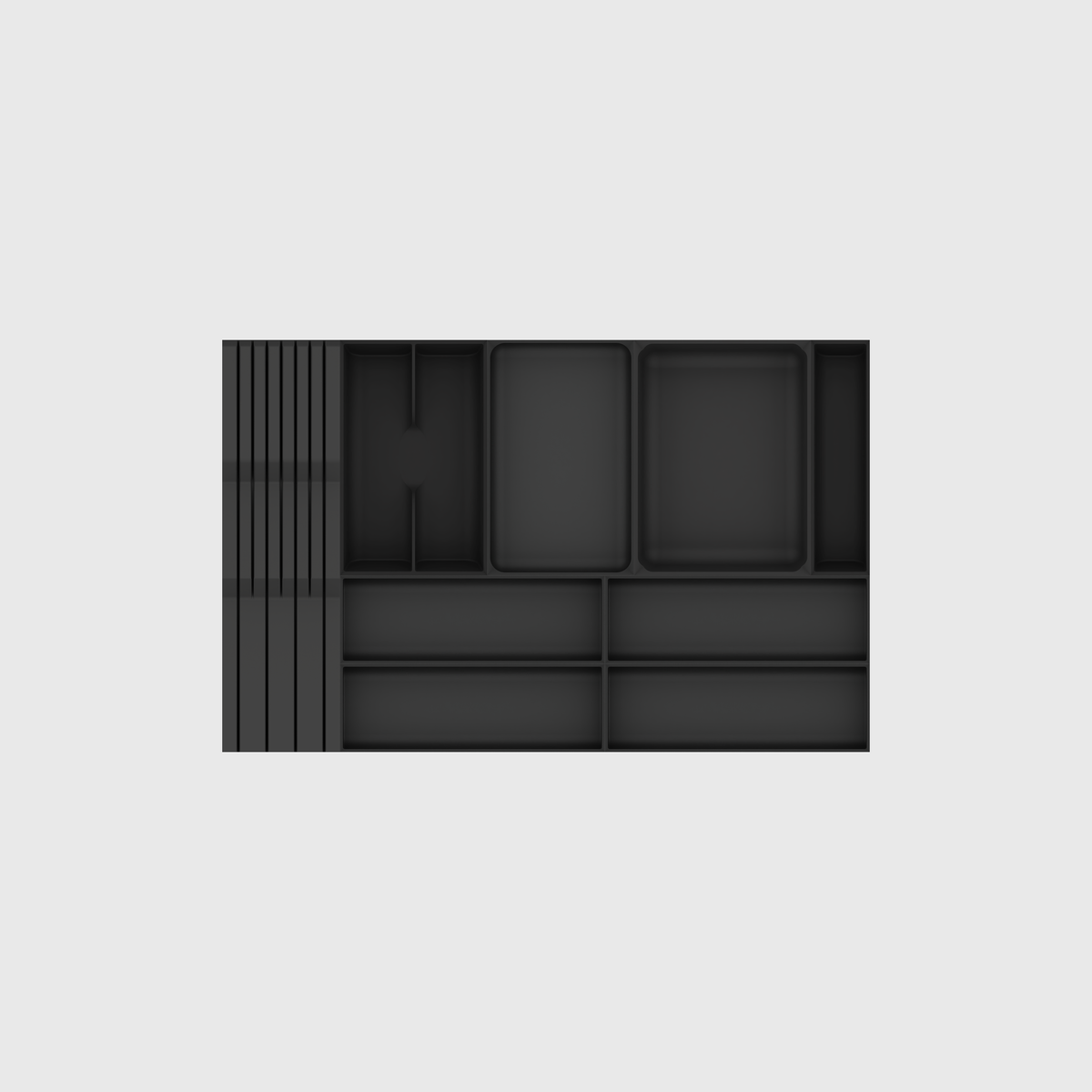 Empty Charcoal Black nine-module drawer organiser set on a nominal 649 × 413 mm grid.