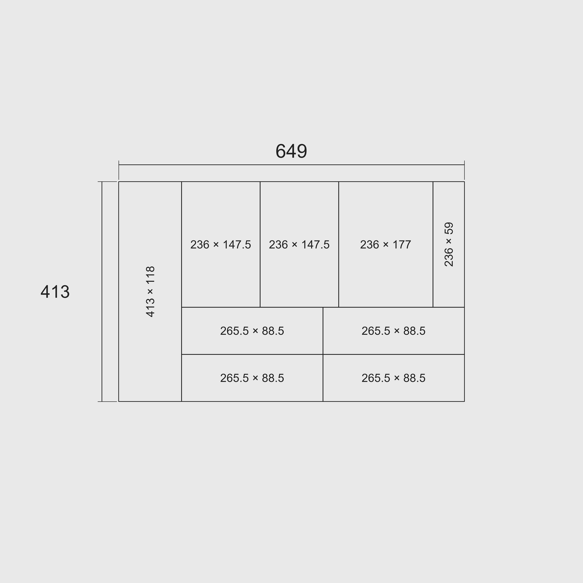 Nominal 649 × 413 mm grid-footprint diagram in millimetres, with each whole module labelled length × width.