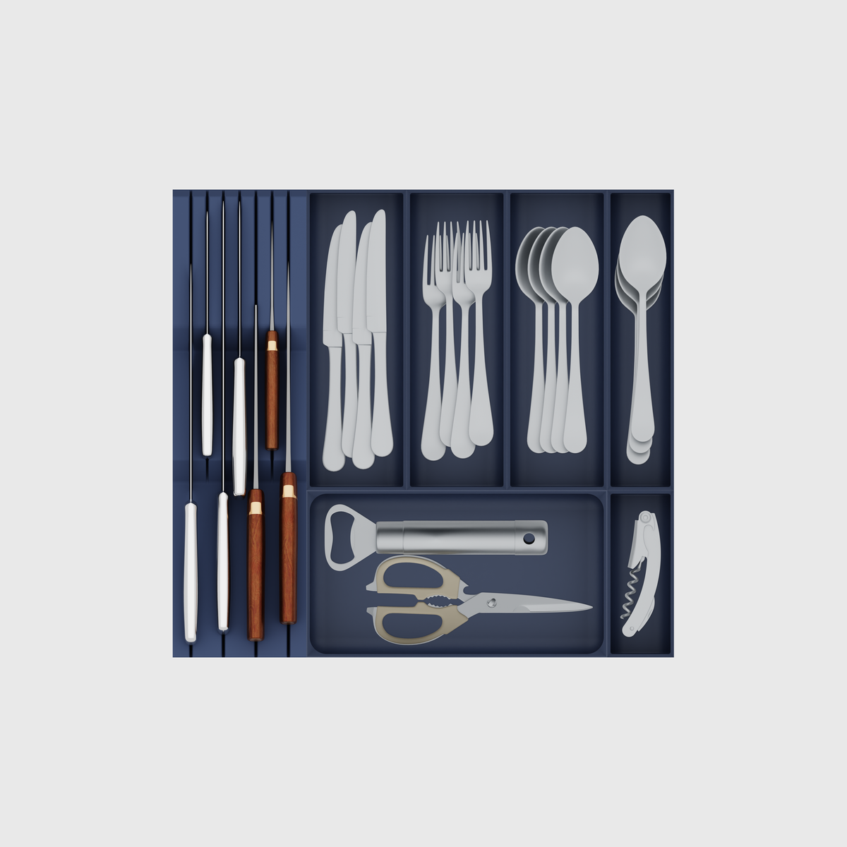 Seven-module cutlery and chef-knife drawer organiser in Army Blue, 442.5 × 413 mm