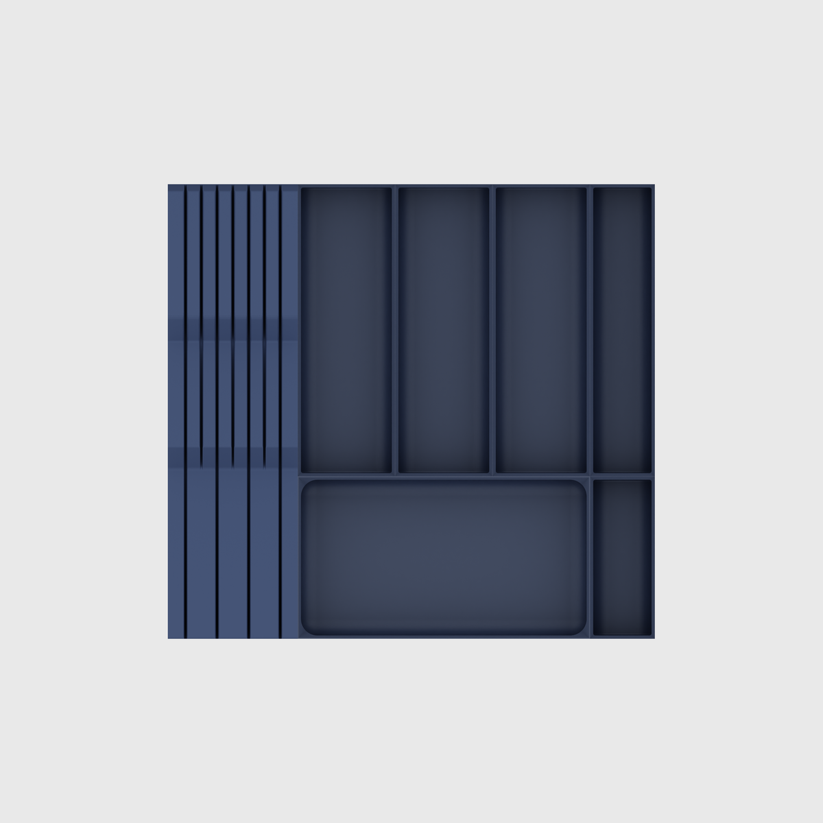 Empty seven-module organiser layout in Army Blue, 442.5 × 413 mm