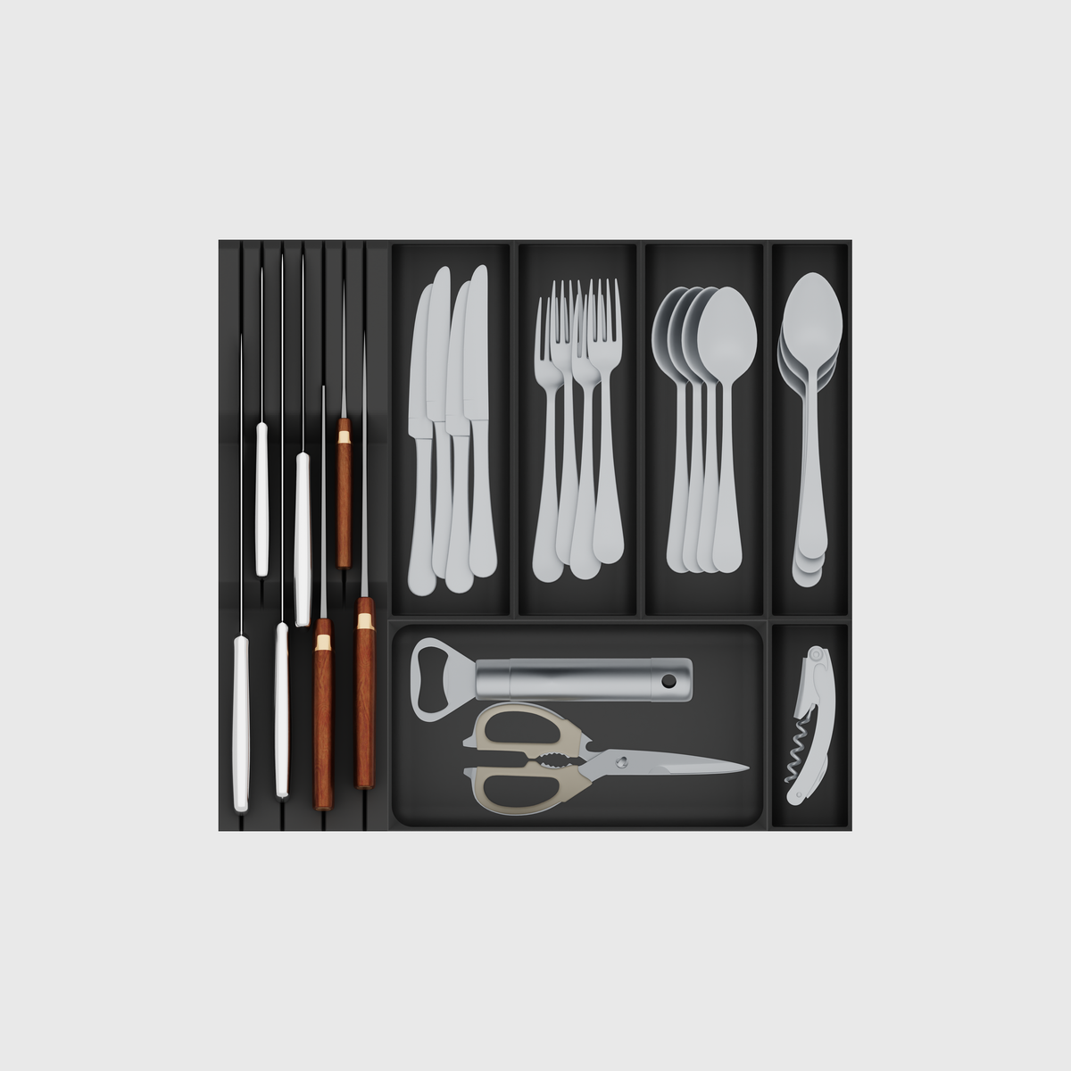 Seven-module cutlery and chef-knife drawer organiser in Charcoal Black, 442.5 × 413 mm