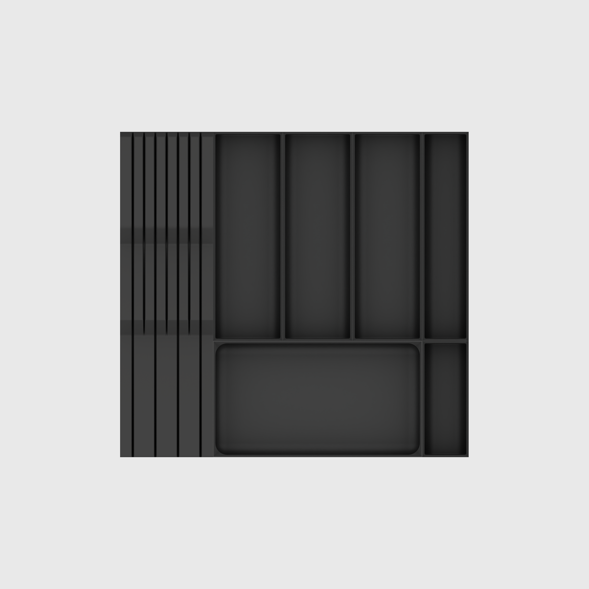 Empty seven-module organiser layout in Charcoal Black, 442.5 × 413 mm
