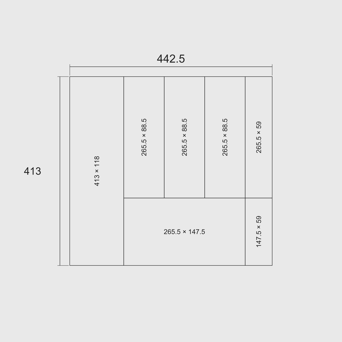Technical plan showing overall and individual module dimensions, 442.5 × 413 mm