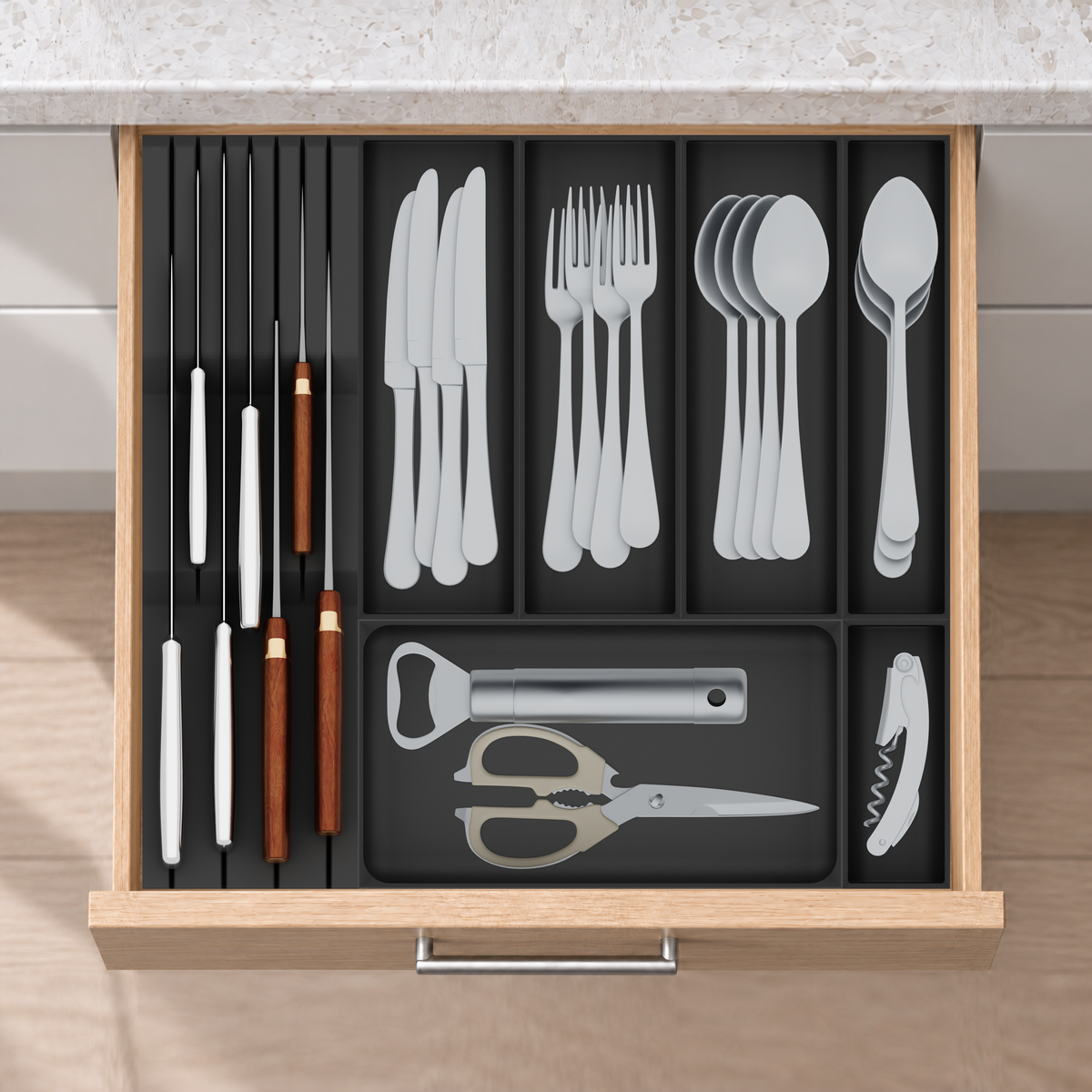 Mid-Depth Cutlery & Chef Knife Drawer Organiser Set in Charcoal Black, fitted in an oak drawer under neutral white light. Nominal layout 442.5 × 413 mm. Accessories shown are not included.