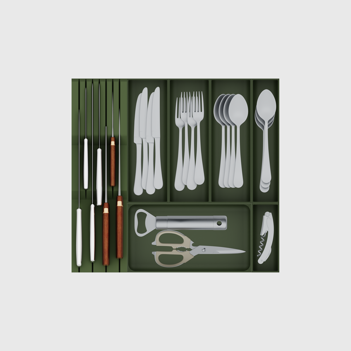 Seven-module cutlery and chef-knife drawer organiser in Olive Green, 442.5 × 413 mm