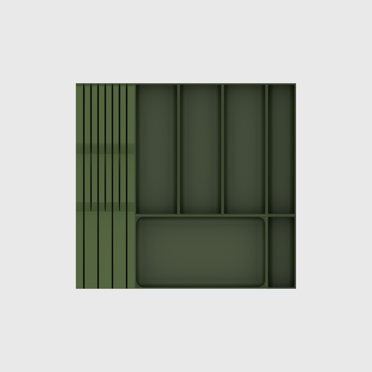Empty seven-module organiser layout in Olive Green, 442.5 × 413 mm