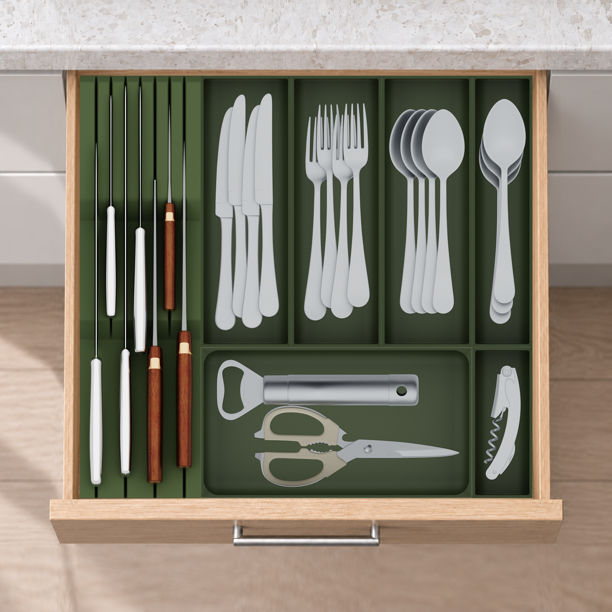 Mid-Depth Cutlery & Chef Knife Drawer Organiser Set in Olive Green, fitted in an oak drawer under neutral white light. Nominal layout 442.5 × 413 mm. Accessories shown are not included.