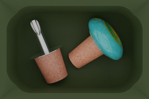 Small Rectangle Organiser in Olive Green — 2×3 modular drawer organiser, food-safe PLA bioplastic, shown placed in a kitchen drawer layout