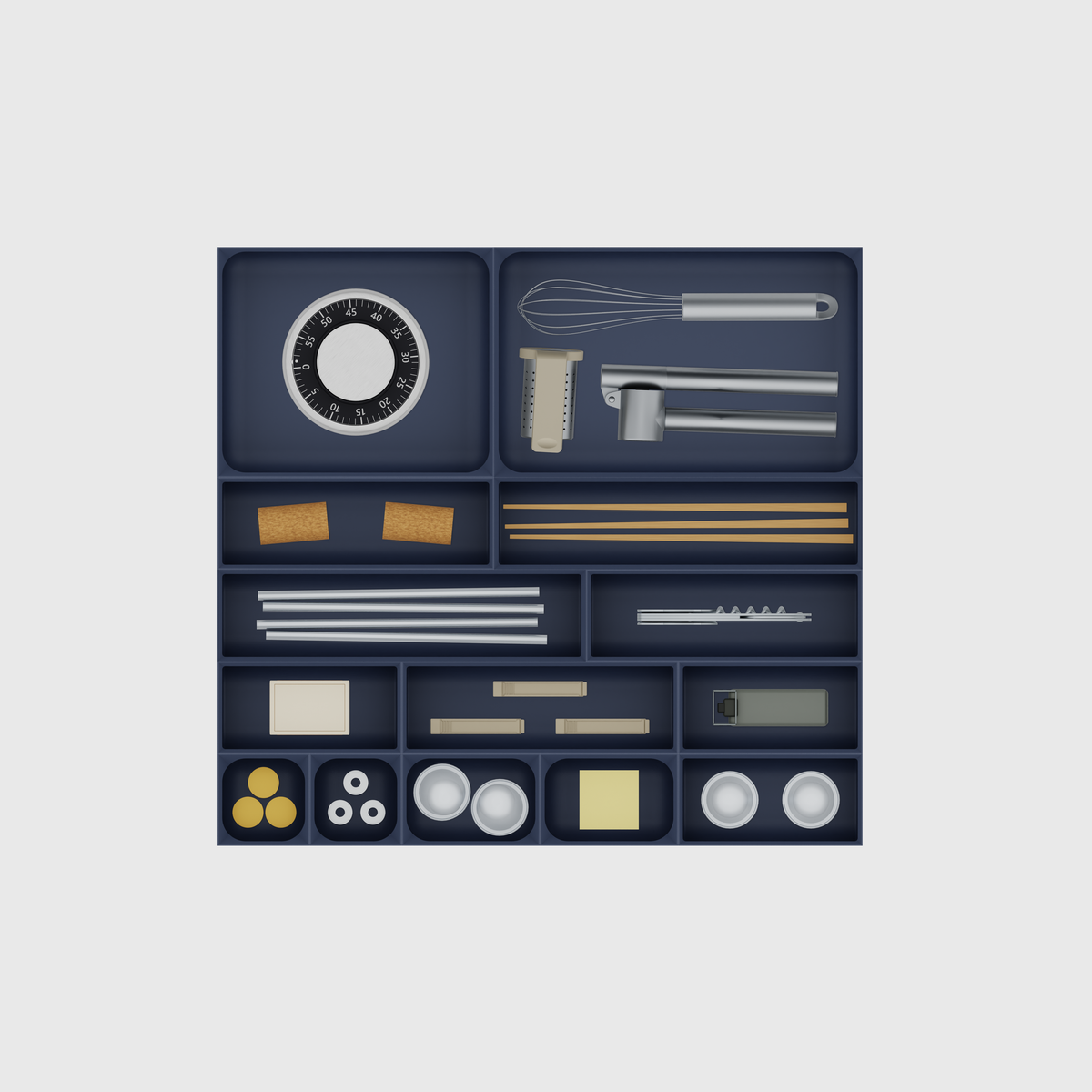 Multi-Tray Drawer Organiser Set, 383.5 × 413 mm — Army Blue filled illustrative layout