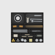 Multi-Tray Drawer Organiser Set, 383.5 × 413 mm — Charcoal Black filled illustrative layout