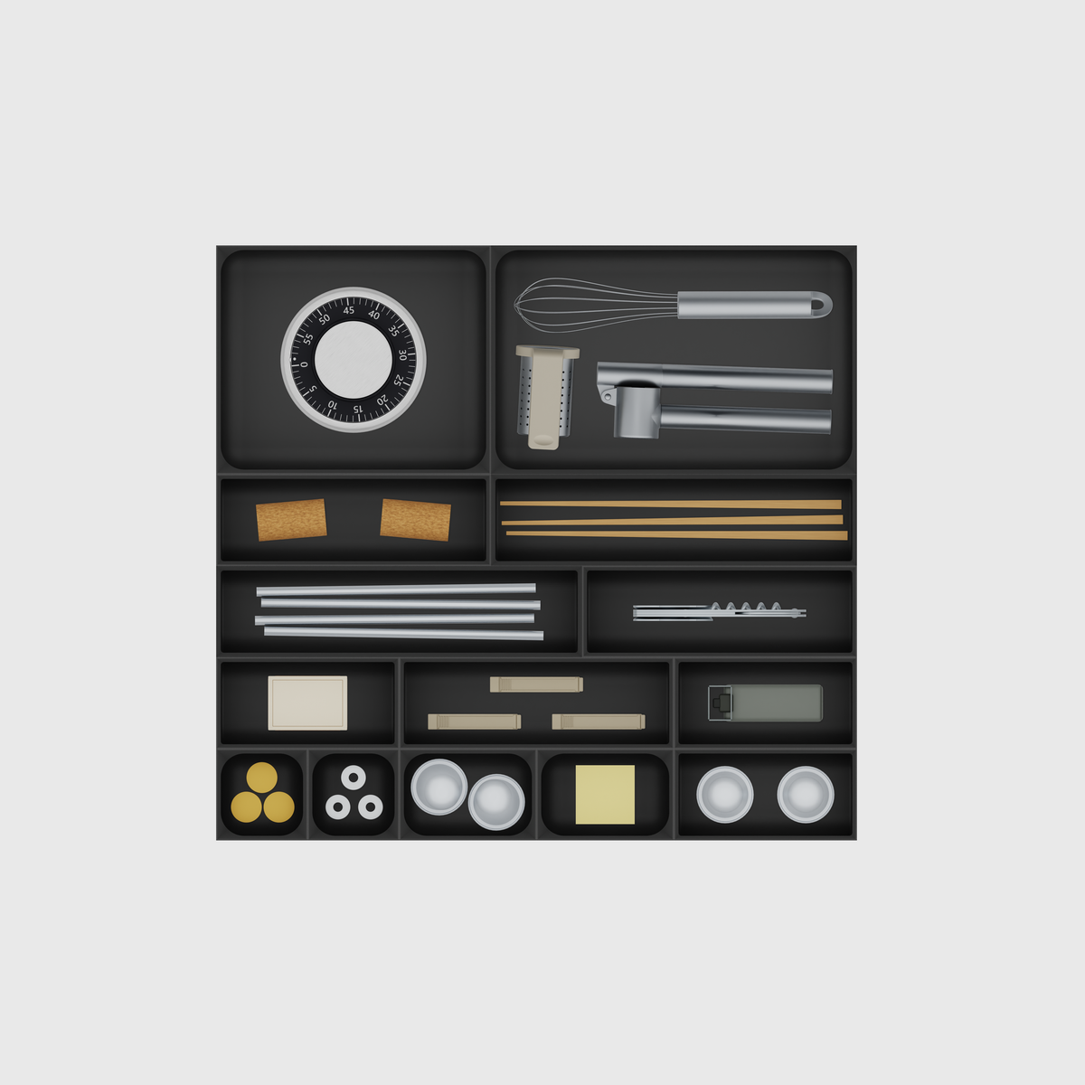 Multi-Tray Drawer Organiser Set, 383.5 × 413 mm — Charcoal Black filled illustrative layout