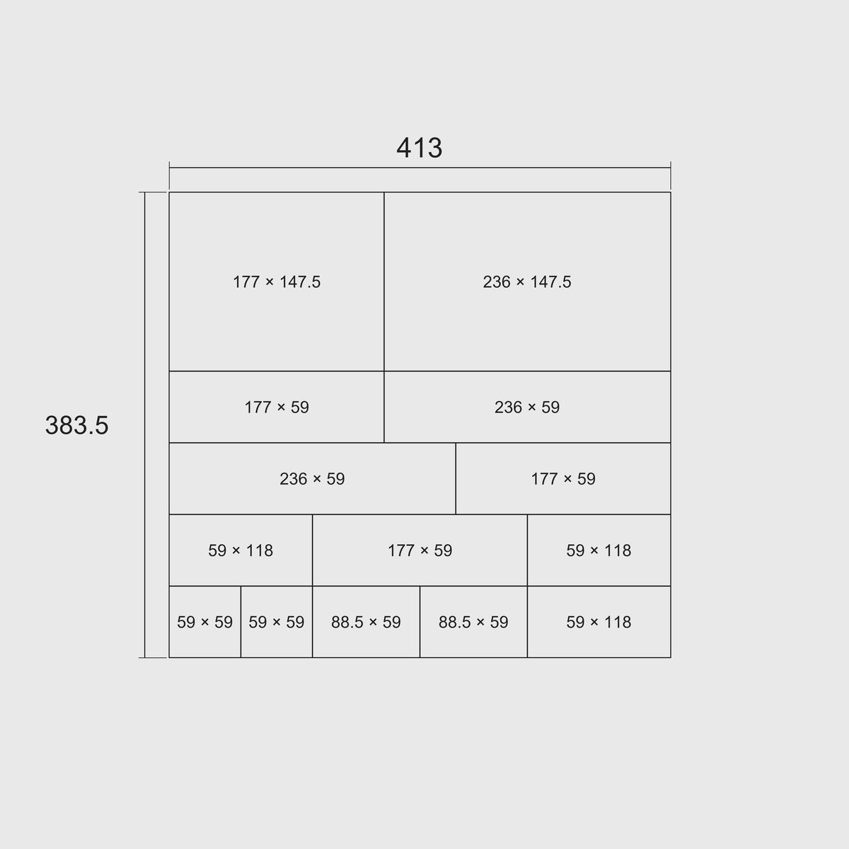 Multi-Tray Drawer Organiser Set, 383.5 × 413 mm — nominal grid dimensions of the set and each whole module, in millimetres