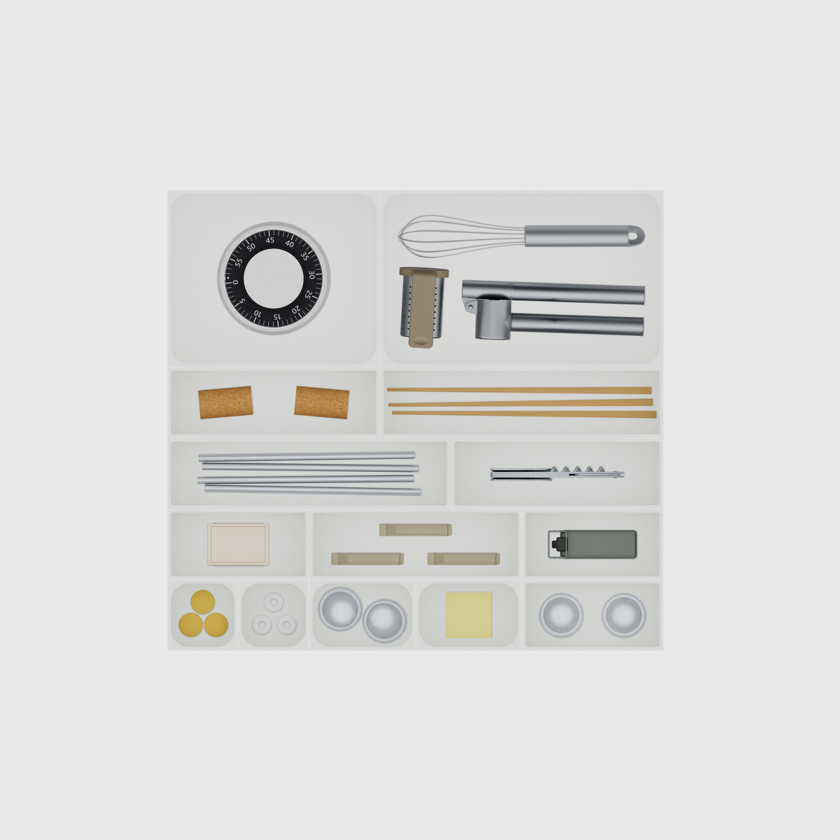 Multi-Tray Drawer Organiser Set, 383.5 × 413 mm — Cotton White filled illustrative layout