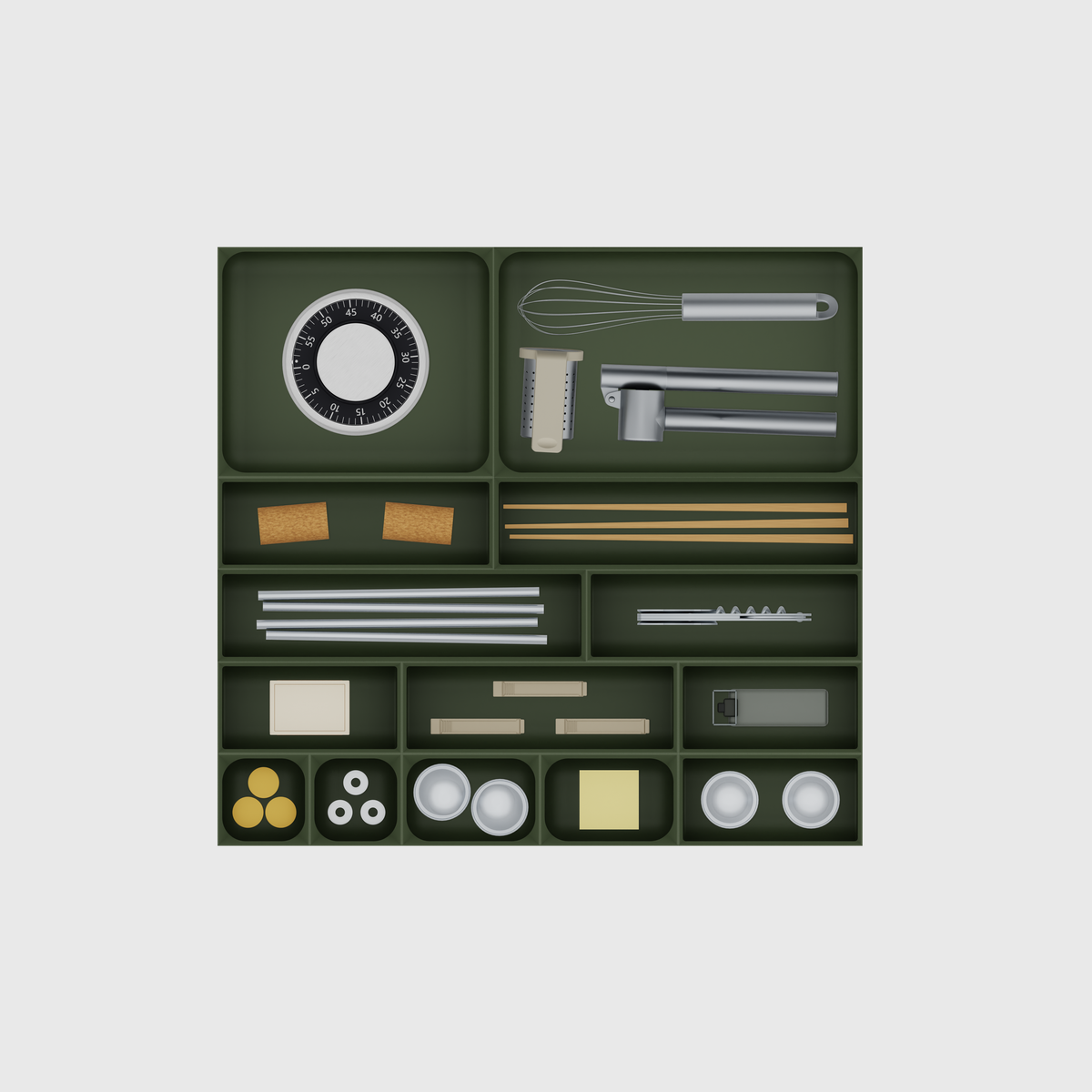 Multi-Tray Drawer Organiser Set, 383.5 × 413 mm — Olive Green filled illustrative layout