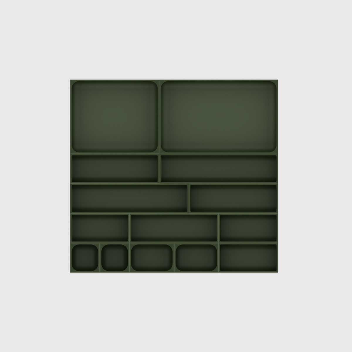 Multi-Tray Drawer Organiser Set, 383.5 × 413 mm — Olive Green empty module layout