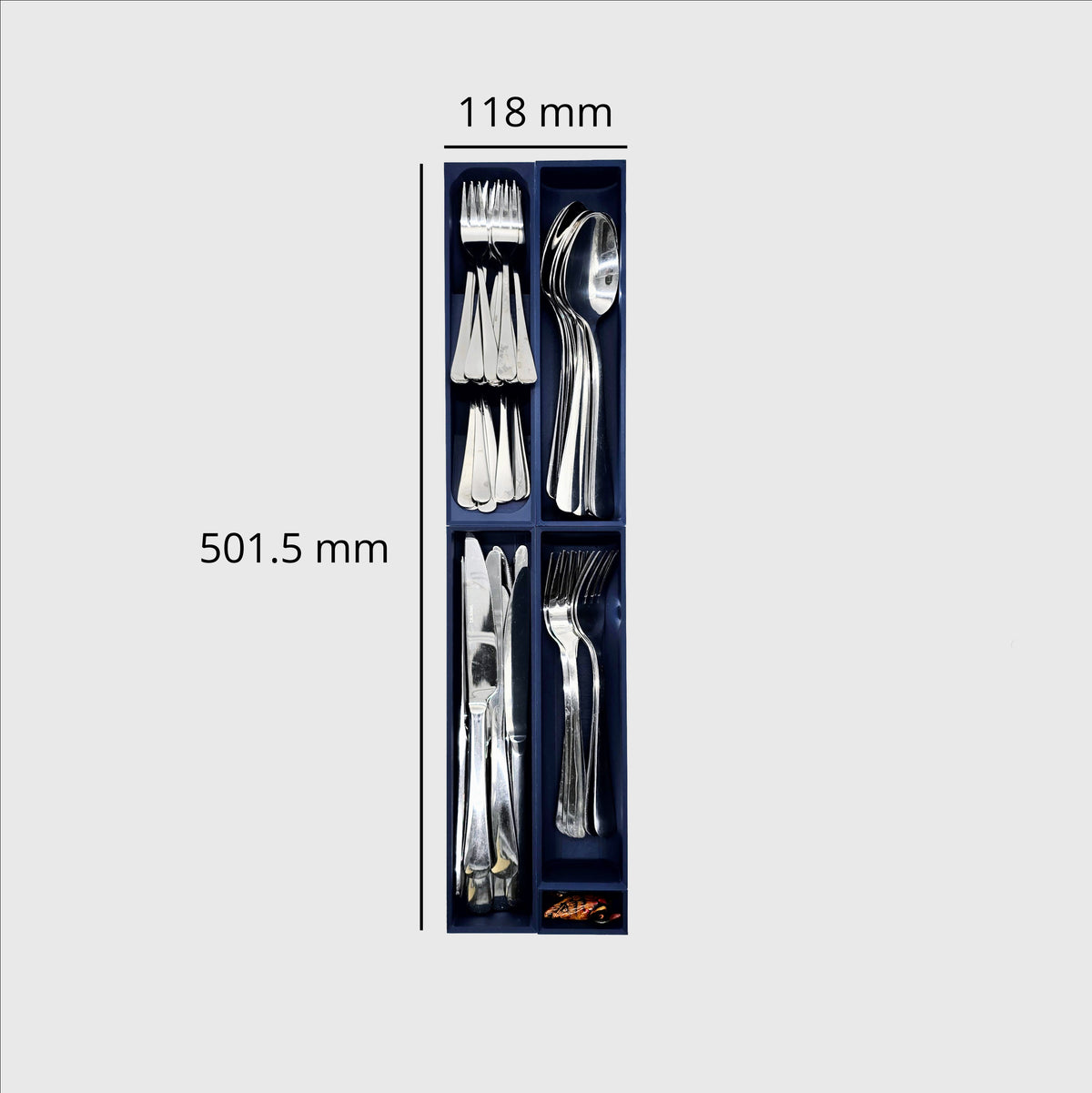 Narrow Core Cutlery Organiser in Army Blue — 501.5×118mm drawer organiser, food-safe PLA bioplastic, alternate angle